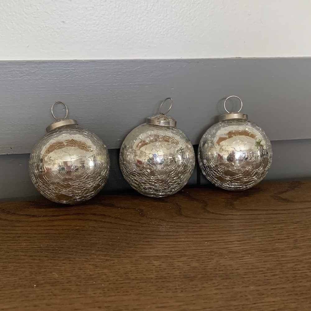 3 Crackle Heavy Glass Blue Kugel Style Christmas Ornaments 4"